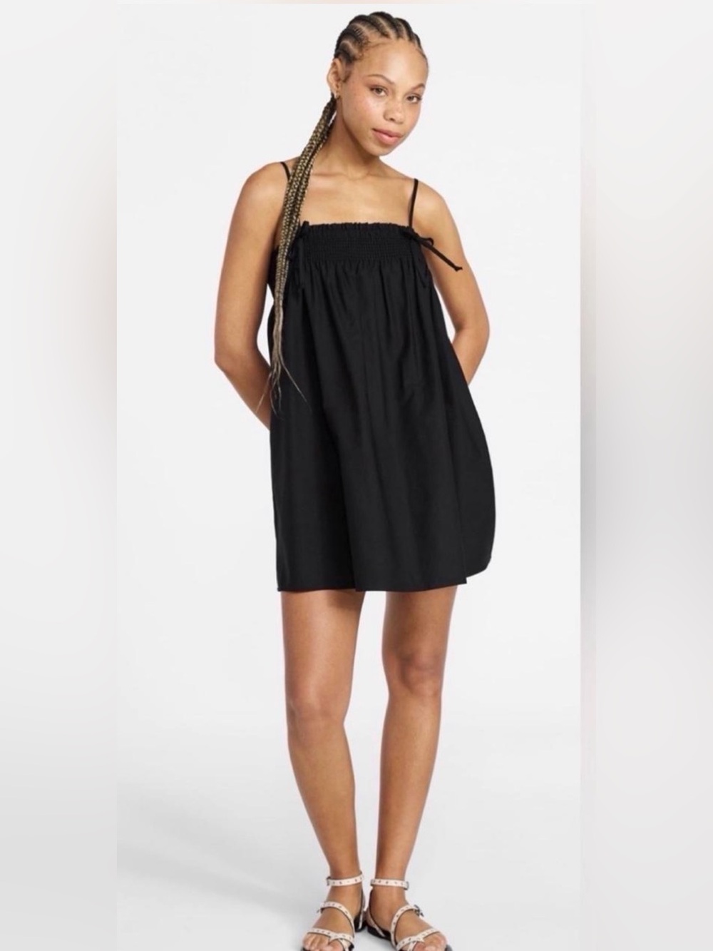 (502)No Boundaries Cotton Poplin Smocked Mini Dress with Tie Straps